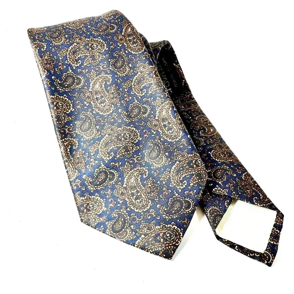 Christian Dior Monsieur Mens Navy‎ Blue Gold Paisley Silk Necktie Vintage France